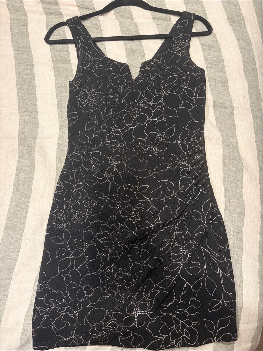 Black Floral-Outline V-Neck Mini Dress